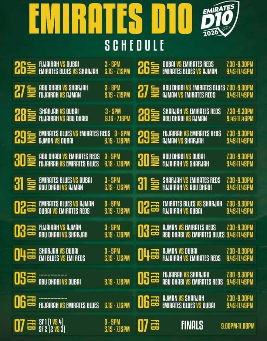Emirates D10 League 2026 Fixtures